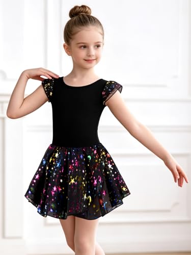 Image of DANSHOW Ballet Leotards for Girls Dance Skirted Leotard Kids Ballet Tutu Dress Toddler Shiny Ruffle Sleeve Dancewear