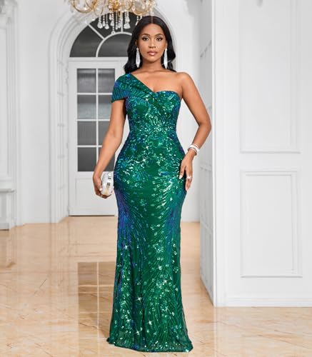 Image of Cololura Women Sexy Sequin One Shoulder Mermaid Formal Party Cocktail Gowns Bodycon Evening Maxi Dress