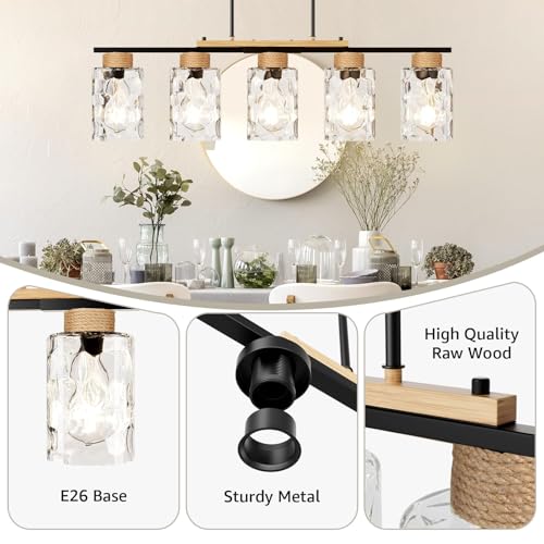 Island Light, Up-Grade Thickened Clear Glass 5-Light Dining Room Light Fixture with Adjustable Height, Farmhouse Linear Chandelier Over Table Kitchen Black Rustic Wood Ceiling Pendant Light Fixtures by Tadpole Jump - Used condition - Image 3