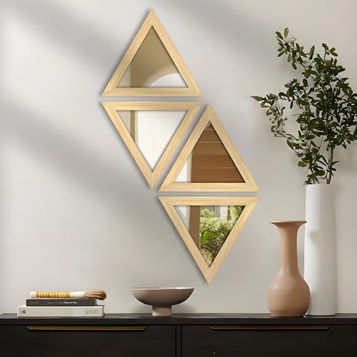 Image of Art Street Acrylic Wall Mirror for Decoration Set of 4, Triangle Shape Acrylic Basin Mirror with Hanging Hook for Bathroom, Bedroom, Home and Office Wall Decor (9x9 Inch, Beige)