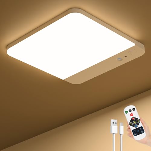 Toowell Akku Lampe mit Bewegungsmelder Innen Akku Deckenlampe Ohne Stromanschluss Batteriebetriebene Deckenleuchte Ohne Bohren LED Deckenleuchte mit Fernbedienung für Badezimmer Treppe Garage 1 Stück