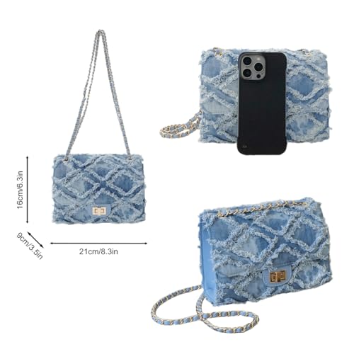 LIZHAOCAI Stylish Denim Shoulder Handbag with Chain Strap Diamond Shaped Burlap Trim Crossbody Bag Underarm Purse for Women3