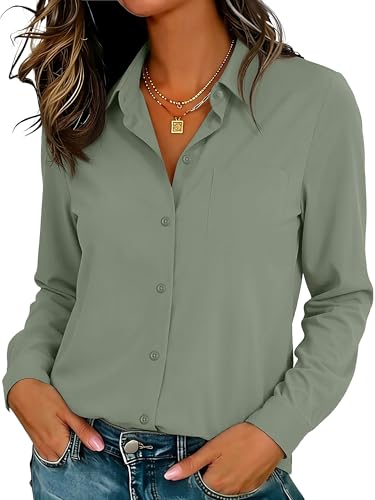 Womens Long Sleeve Collar Button Up Shirts Ladies Formal Top Army Green XS