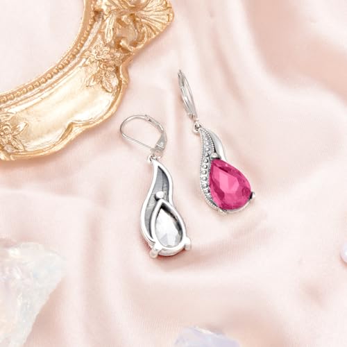 925 Sterling Silver Vintage Teardrop Oxidized Leverback Earrings with 14 * 10mm Birthstone Crystals, Anniversary Birthday Jewelry Gifts for Her4