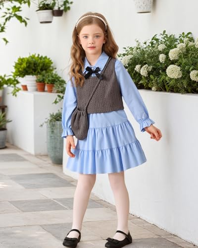 Toddler Little Girls Dress Fall Winter Clothes Long Sleeve Shirt Dresses and Knit Vest Set Kids Girls Outfits2