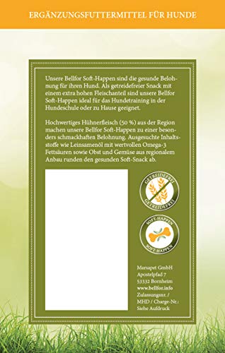 Bellfor Freiland-Happen getreidefreie Soft-Snack für Hunde mit hoher Verdaulichkeit ohne tierische Nebenerzeugnisse. Soft-Leckerli für Hundetraining 200 g (Huhn)