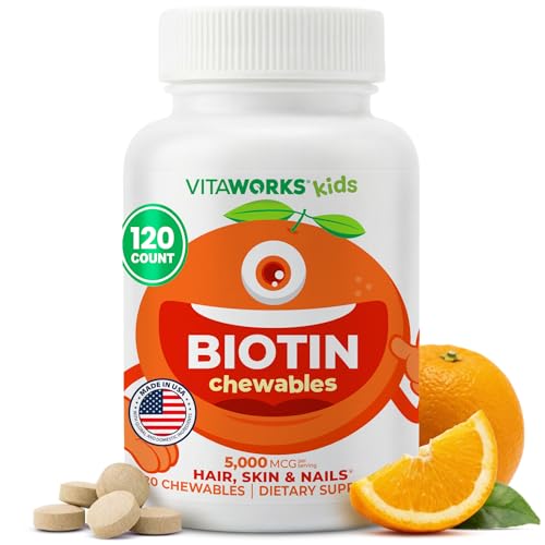VitaWorks Kids Biotin 5000mcg Chewable Tablets | Tasty Biotin Supplement | Vegan Non GMO | Hair Growth Skin and Nail Heath | Hair Vitamins for Kids | 120 Chewables
