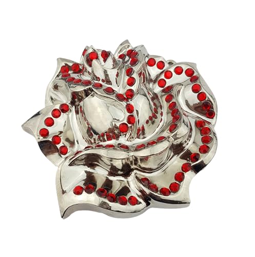 Axesoria Big Rose Belt Buckle in Shiny Silver w. Red Rhinestones