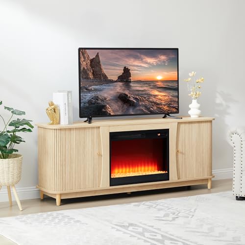 Image of Fireplace TV Stand, Fluted TV Stand with Storage and Sliding Door, Farmhouse Entertainment Center Media Console Table for Living Room (Natural)
