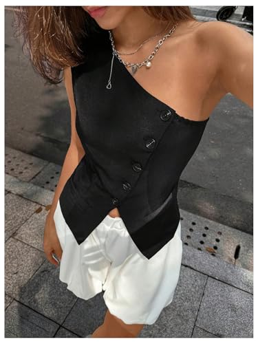 MakeMeChic Women's One Shoulder Vest Tops Asymmetrical Button Down Sleeveless Tank Tops4