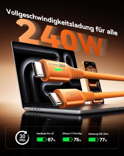 INIU 240W USB C Kabel, [2 Stück 2m] USB C auf USBC Schnellladekabel Orange – Ansicht 2
