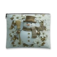 Snow Man Makeup Bag, Vintage Floral Cosmetic Travel Pouch for Women, Portable Canvas Zipper Organizer, Winter Holiday Toiletry Bag