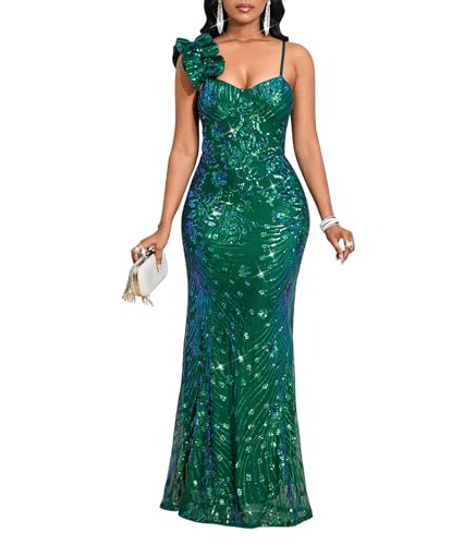 Image of Cololura Women Sexy Elegant Sequin High Split Ruffled Hem Mermaid Party Cocktail Bodycon Formal Evening Gowns Maxi Dress