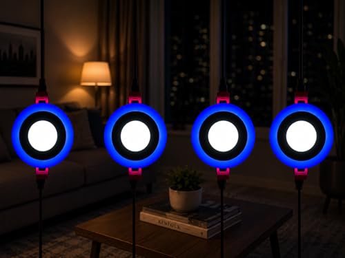 Image of OLIPS 6W (3+3) LED Ceiling Panel Down Light | Dual Color Change by On /Off Switch | Fan Box POP Decorative LED | White Center & Color Ring Design (Blue, 4)