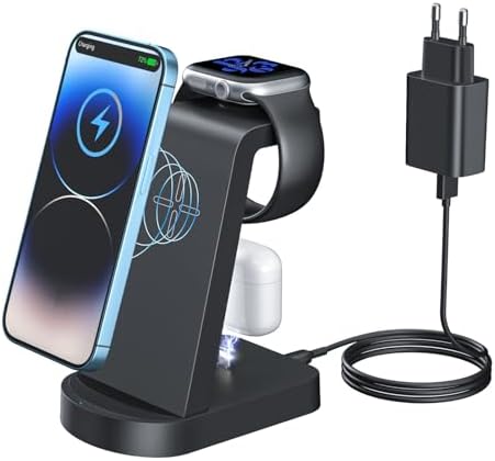 Stazione Di Ricarica Wireless 3 In 1 – Base Con Luce Notturna LED, Adattatore QC3.0 Incluso, Per IPhone, Apple Watch, AirPods, Corpo In Metallo, 30W - 2
