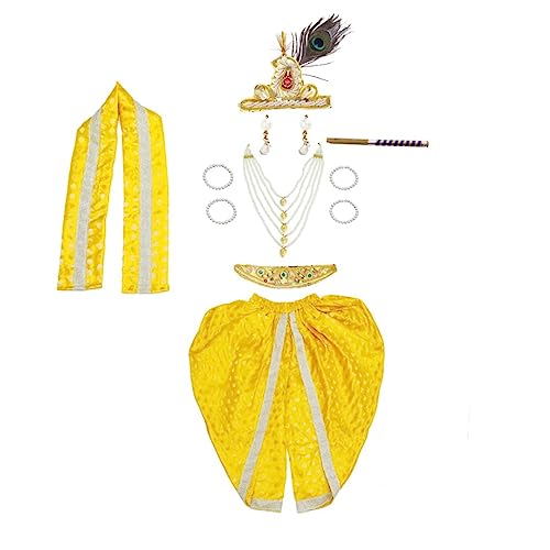 Image of ITSMYCOSTUME Krishna Dress for Baby Boy Kids Set of 10(Dhoti,Hip Cover,Patka,Mukut,Morpankh,Bansuri,Kamarband,Bajuband,Kundal) Little Krishna Ji Kanha Janmasthmi Costume