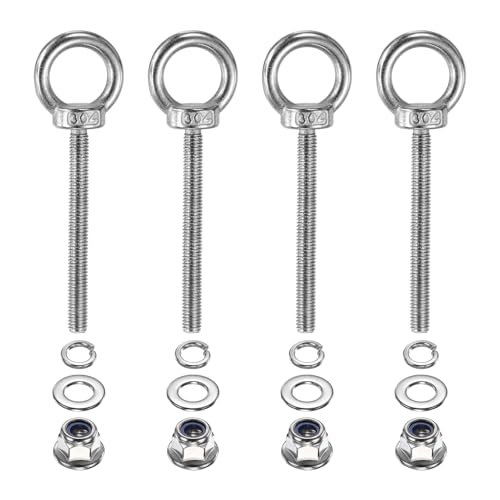 Image of PATIKIL M6 x 60mm Shoulder Eye Bolt, 4 Pcs 304 Stainless Steel Lifting Ring Threaded Eye Bolt with Flange Lock Nuts Spring and Flat Washers for Hanging Tie Down Straps Outdoor Indoor