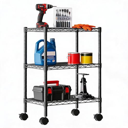 Image of DUMOS 3-Tier Metal Wire Storage Shelves, Adjustable Standing Storage Rack Shelf with Wheels, Heavy Duty Steel Shelving Unit Organizers for Kitchen Bathroom Pantry Garage, 23.1 inch Wx13.4 Dx30.2 H, Black