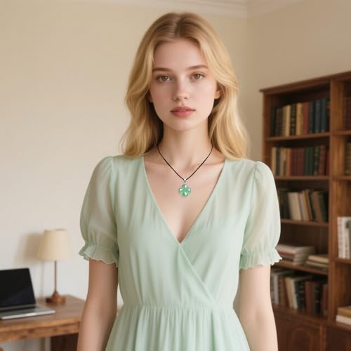 FANASY Natural Green Aventurine Four Leaf Clover Pendant Necklace for Faith Hope Love and Luck Black Rope Chain St. Patrick's Day - Image 6