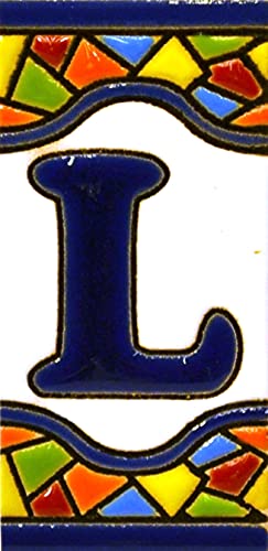 Letreros con numeros y letras en azulejo de ceramica, pintados a mano en técnica cuerda seca para nombres y direcciones. Texto personalizable. Diseño MOSAICO MINI 7,3 cm x 3,5 cm. (LETRA "L") Cover