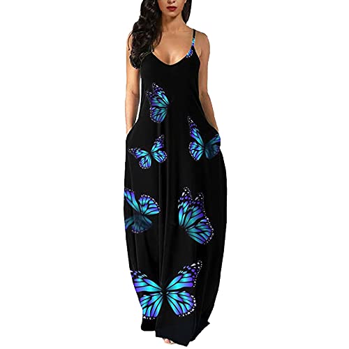 Maxi Dresses for Women Summer, Sexy Spaghetti Strap Maxi Sleeveless Plus Size Long Cami Dress with Pockets (A004- Blue Butterfly, X-Large)