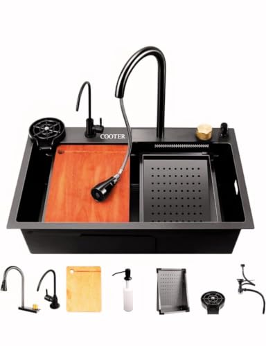 Image of COOTER Kitchen Sink 24x18x9 Inch Waterfall Single Bowl Sink 304 Grade Stainless Steel Sink for Kitchen, Black Matt Finish Honeycomb Smart Kitchen Sink integrated Pull down Faucet, Drain Basket