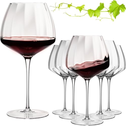 Imperial Cali' Lot de 6 grands verres à vin rouge ondulés 930 ml Verre à bourgogne bombé en verre Crystalline fait main