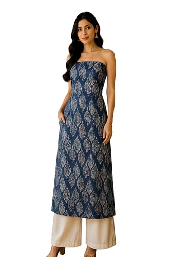 Image of Ethnics of Kutch Women's Ajrakh Modal Silk Natural Dye Hand Block Print Unstitched Kurta Fabric Mtr Length (2.5 Mtrs - Indigo 17101V)