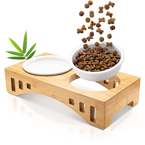 giriniwee Qualitäts Futter Bar mit Zwei super flachen 250ml Porzellannäpfen im Bambusgestell, erhöhte Doppelschale für Katzen, Kitten, kleine, Mini oder Zwerghunde, Toy Dogs & andere kleine Haustiere