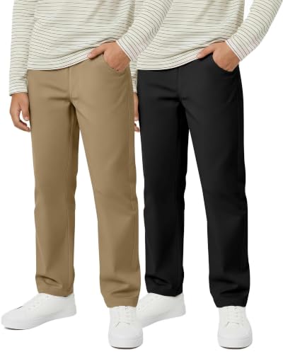 Hyggeweir 2 Pack Boys School Uniform Pants, Straight Leg Slant Pockets with Ribbed Knit Kids Dress Uniform Trousers 5-14 Year(5-6 Years,Khaki, Black)