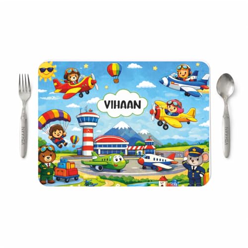 Image of Customized Table Mat with Name & Design Engraving | Personalized Dining Mat with Spoon & Fork | Customized Birthday Gift for Kids (Aeroplane)