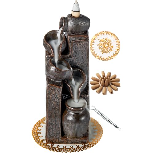 LAMDAWN Unique Cascading Basins Ceramic Waterfall Incense Holder, Paired with a Pack of Backflow Incense Cones. (Metallic)