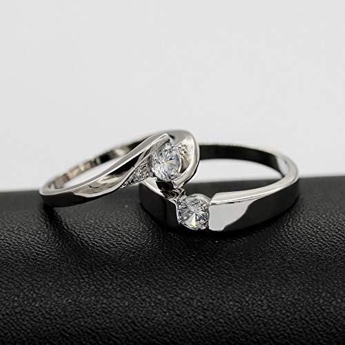Uloveido 2 pcs His and Hers Matching Engagement Rings Set with Round Cubic Zirconia Platinum Plated Couples Wedding Ring J0454