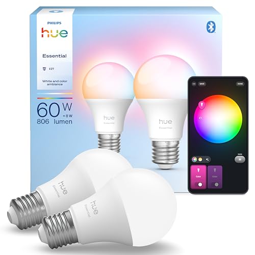 Philips Hue Essential Lot de 2 ampoules LED intelligentes A60, blanc et couleur, culot B22, 8 W, 2200 K-6500 K, 806 lumens, à intensité variable, fonctionne avec Alexa, Google Assistant et Apple Home