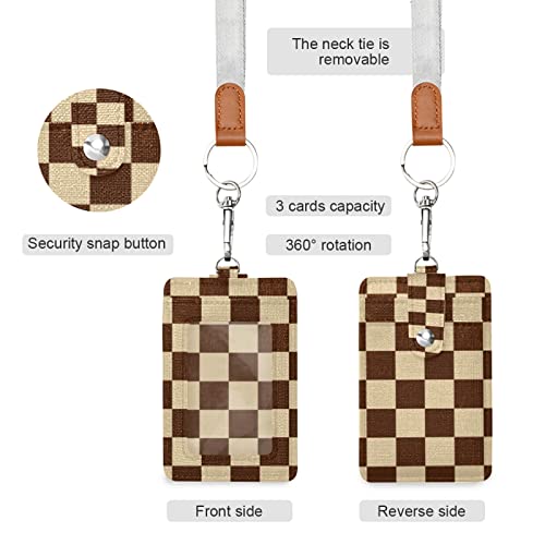 Susiyo G277993374P485C520S1042 Brown Beige Checkered Plaid Id Badge Holder Pu Leather Card Holder thumb #1