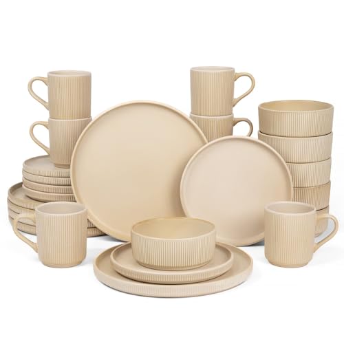 Image of OTAGO 24-Piece Dinnerware Set for 6 with Mugs, Ribbed Stoneware Plates and Bowls Sets, Unique Handcrafted Reactive Glaze, Chip and Scratch Resistant Dish Set, Microwave & Dishwasher Safe, Yellow