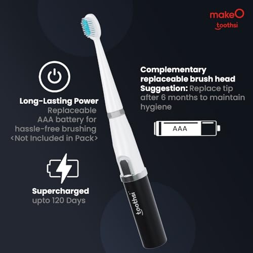 Image of Toothsi Electro i5 Smart Electric Toothbrush | Black | IPX6 Waterproof & 5X plaque reduction | Sonic Technology, Dupont Soft Bristles, Smart Timer, & AAA Battery Powered | Rechargeable