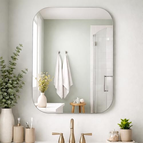Image of Rousrie Frameless Wall Mirror for Bathroom, Glass, Modern, Clear, Rectangle, 60 x 45 Centimeters, Wall Mount (1, Rectangular)