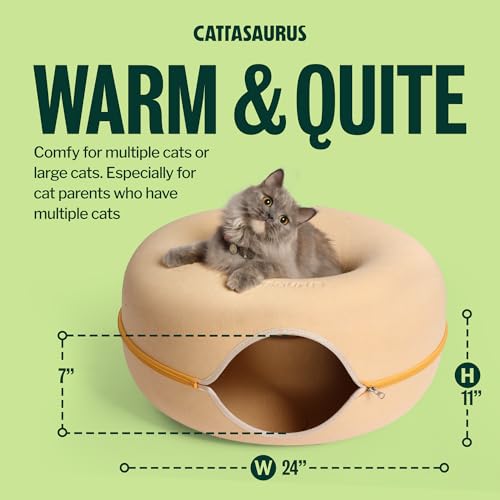 Image of Cattasaurus Peekaboo Cat Cave Donut for Multiple & Large Cats up to 30-45 lbs, 3-in-1 Self Warming Cat Bed, Tunnel & Scratcher for Indoor Cats, Washable & Detachable Dog Bed (Pastel Macaron, Large)