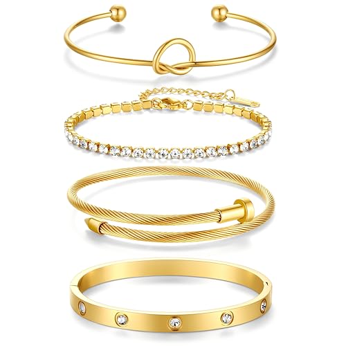 18K Nail Love Bangle Bracelet Set- Stackable Bangles with Friendship & Love Theme- Stackable CZ Love Bracelet, Adjustable Wide Cuff, Elegant Gift for Mother's Day, Birthday, Anniversary