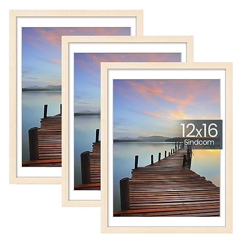 Image of Sindcom 12x16 Picture Frame 3 Pack, Poster Frames with Detachable Mat for 11x14 Prints, Horizontal and Vertical Hanging Hooks for Wall Mounting, Natural Photo Frame for Gallery Home Décor