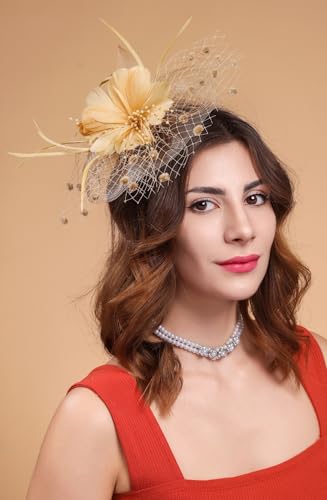 Cizoe Fascinators Hats for Womens 50s Headwear with Veil Flower Cocktail Wedding Tea Party Church Derby Hat (1A-Gold)