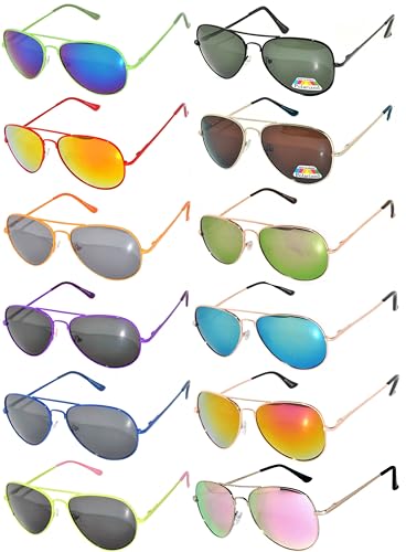 12 Pairs Classic Aviator Sunglasses Metal Gold Silver Frame Mix Colored Mirror Lens OWL (Mix-Spring-Hinge-Colored-Frame-Mirror-12pairs, Colored)