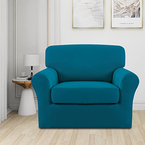 Image of Easy-Going 2 Pieces Stretch Sofa Slipcover for Armchair Washable | Spandex Soft Fitted Sofa Couch Cover for Living Room Washable Furniture Protector with Bottom Kids Pet Peacock Blue