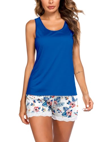Image of Ekouaer Womens Pajama Sets Sleeveless Tank Top and Shorts Pj Set Lace Hem Sleepwear S-XXXL