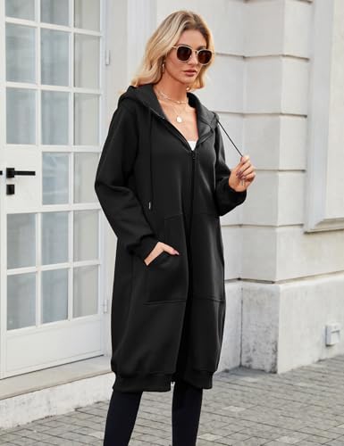 Tuopuda Damen Lange Kapuzenpullover mit Reißverschluss Hoodie Jacke Langarm Herbst Winter Pulli Sweatjacke Sweatshirts Kapuzenpullover Streetwear Strickjacke mit Taschen(Schwarz,XL)