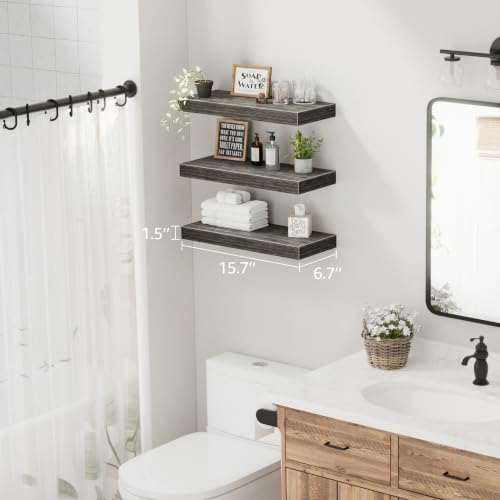 Image of QEEIG Floating Shelves for Wall Bathroom Shelf Bedroom Kitchen Living Room Hanging Book Shelves Small Farmhouse Decor 16 inch Set of 3, Grey (015-GY3)