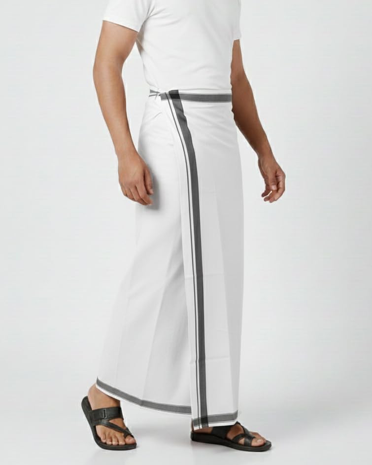 Image of TUNI MANI Kerala Style Men's Cotton Welcro Pocket Dhoti, Vesti /adjustable for all size (Single Dhoti)