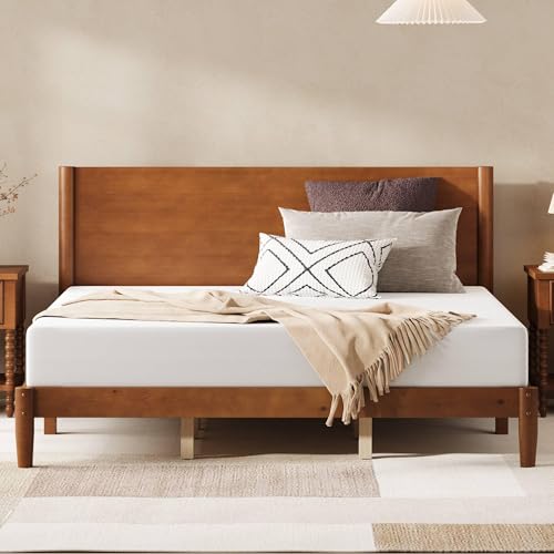 Image of AMERLIFE Solid Wood King Bed Frame, Mid Century Bed with Headboard, Brown