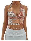 Milumia Women's Boho Paisley Print Tie Backless Halter Top Sleeveless Cropped Tops Yellow Small